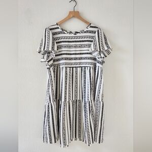 Women’s 1XL White Black Stripes Print Midi Dress NEW